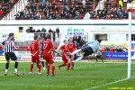 Andy Kirk`s header goes past Jamie Langfield and into net. Pars v Aberdeen 28th April 2012.