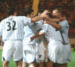 Pars v Hearts 6th December 2003. Winning goal celebrations continue.